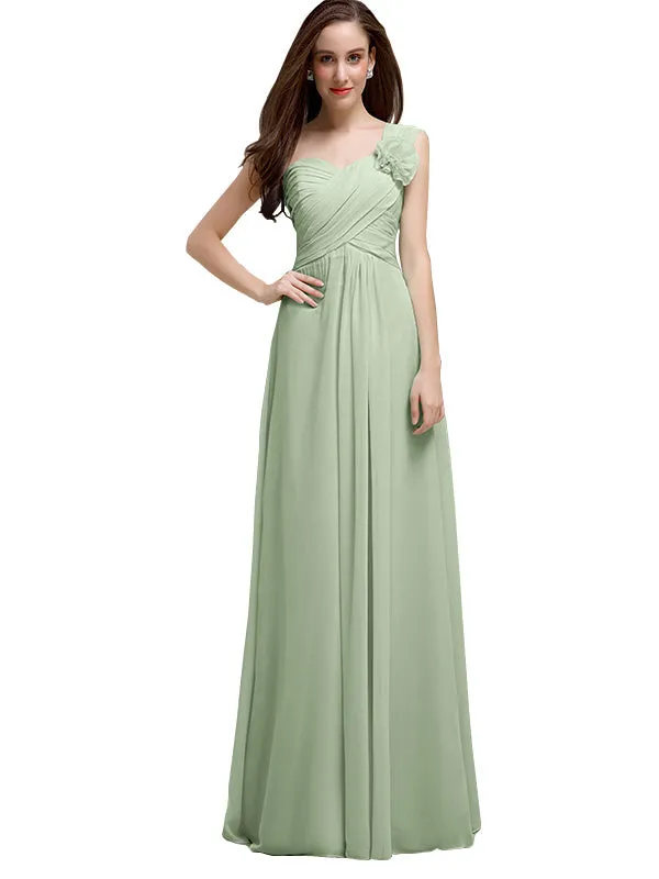 Elegant A-line One-Shoulder With Flowers Floor-Length Chiffon Long Bridesmaid Dresses
