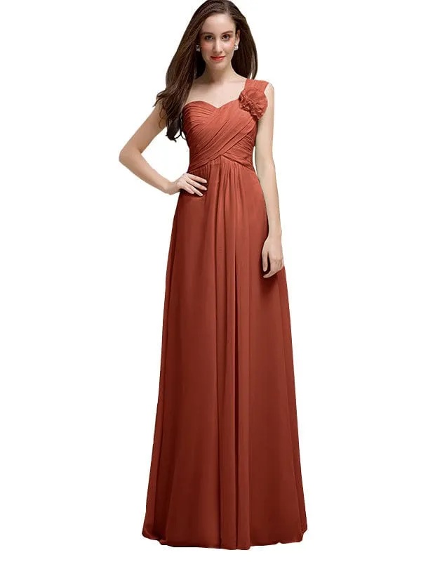 Elegant A-line One-Shoulder With Flowers Floor-Length Chiffon Long Bridesmaid Dresses