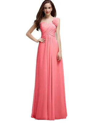 Elegant A-line One-Shoulder With Flowers Floor-Length Chiffon Long Bridesmaid Dresses