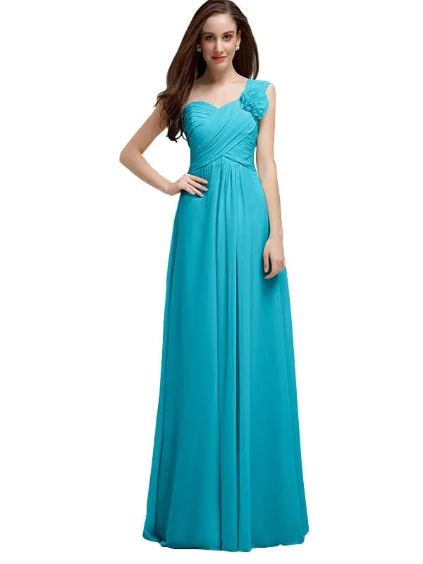 Elegant A-line One-Shoulder With Flowers Floor-Length Chiffon Long Bridesmaid Dresses
