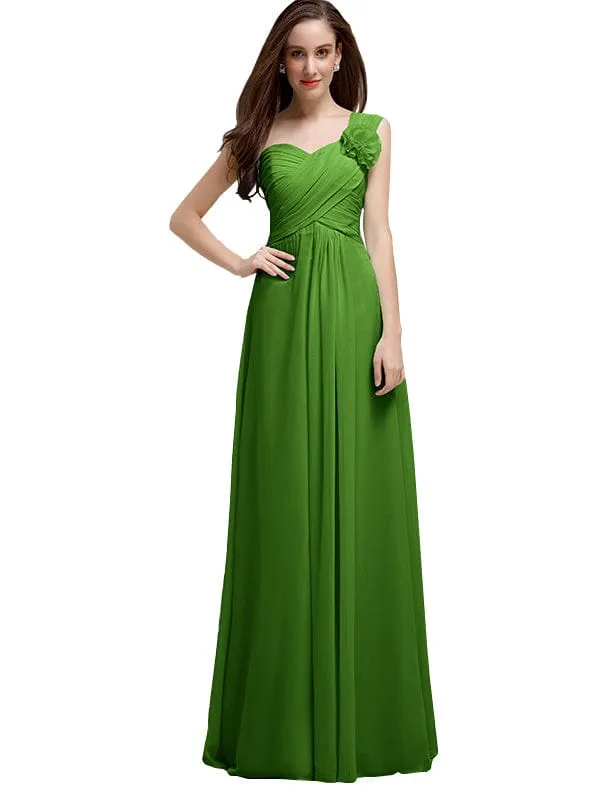 Elegant A-line One-Shoulder With Flowers Floor-Length Chiffon Long Bridesmaid Dresses
