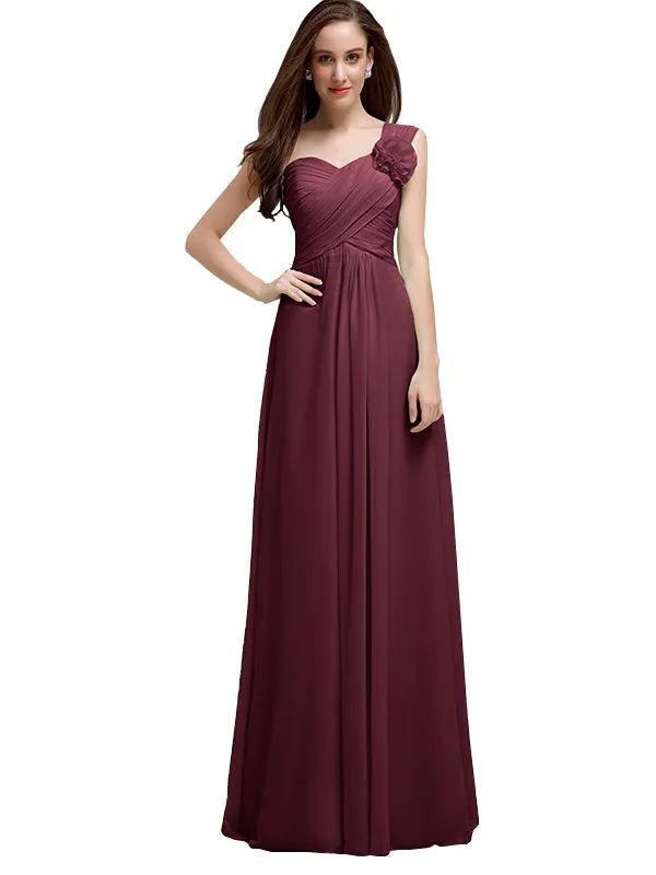 Elegant A-line One-Shoulder With Flowers Floor-Length Chiffon Long Bridesmaid Dresses