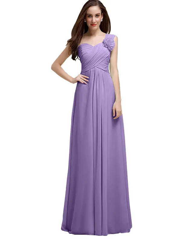 Elegant A-line One-Shoulder With Flowers Floor-Length Chiffon Long Bridesmaid Dresses