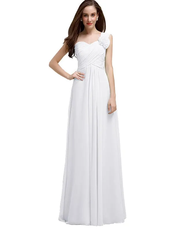 Elegant A-line One-Shoulder With Flowers Floor-Length Chiffon Long Bridesmaid Dresses