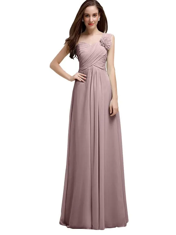 Elegant A-line One-Shoulder With Flowers Floor-Length Chiffon Long Bridesmaid Dresses