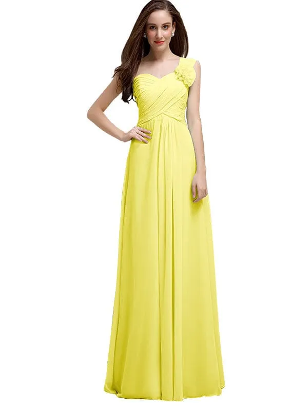 Elegant A-line One-Shoulder With Flowers Floor-Length Chiffon Long Bridesmaid Dresses