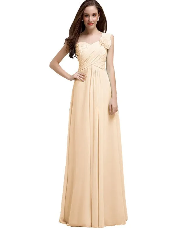 Elegant A-line One-Shoulder With Flowers Floor-Length Chiffon Long Bridesmaid Dresses