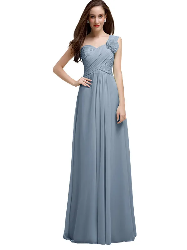 Elegant A-line One-Shoulder With Flowers Floor-Length Chiffon Long Bridesmaid Dresses