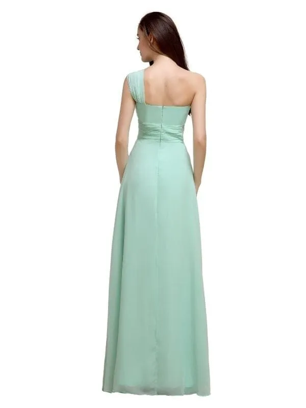 Elegant A-line One-Shoulder With Flowers Floor-Length Chiffon Long Bridesmaid Dresses