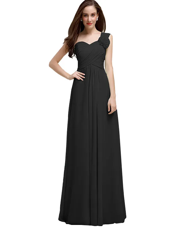 Elegant A-line One-Shoulder With Flowers Floor-Length Chiffon Long Bridesmaid Dresses