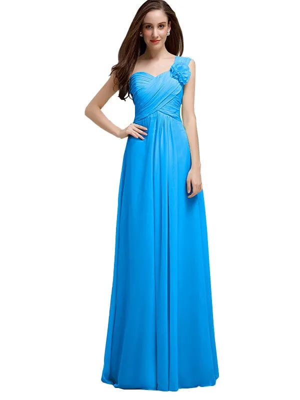 Elegant A-line One-Shoulder With Flowers Floor-Length Chiffon Long Bridesmaid Dresses