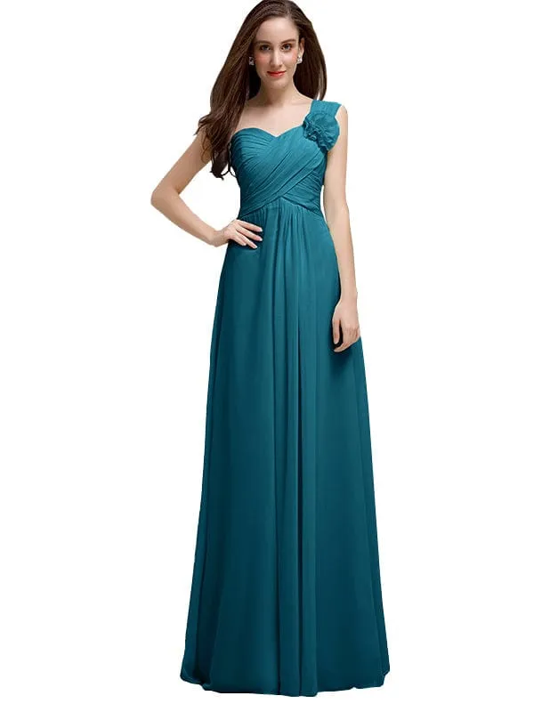 Elegant A-line One-Shoulder With Flowers Floor-Length Chiffon Long Bridesmaid Dresses