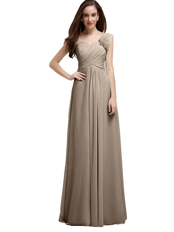 Elegant A-line One-Shoulder With Flowers Floor-Length Chiffon Long Bridesmaid Dresses