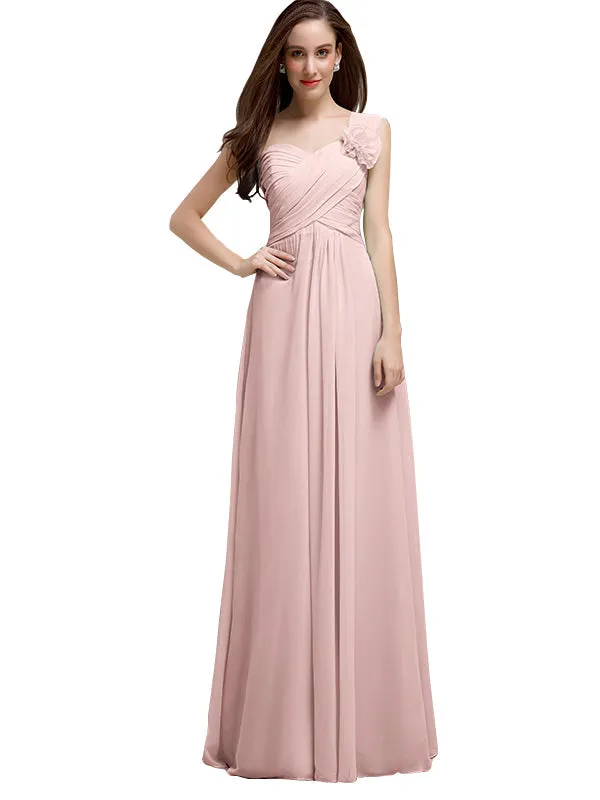 Elegant A-line One-Shoulder With Flowers Floor-Length Chiffon Long Bridesmaid Dresses