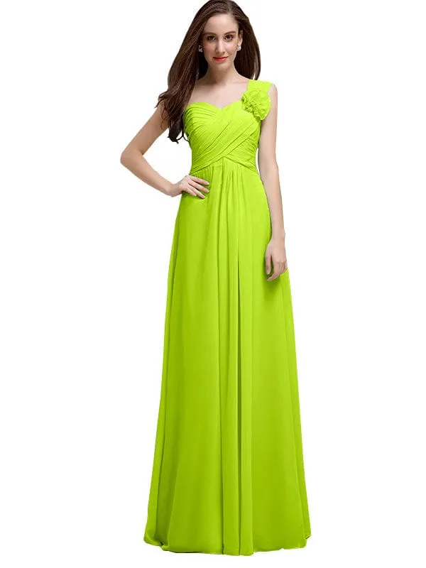 Elegant A-line One-Shoulder With Flowers Floor-Length Chiffon Long Bridesmaid Dresses