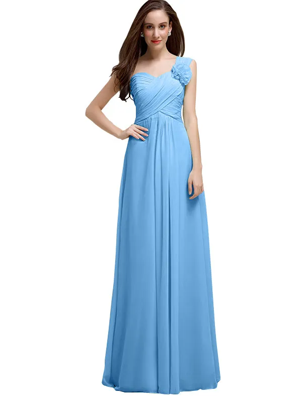 Elegant A-line One-Shoulder With Flowers Floor-Length Chiffon Long Bridesmaid Dresses