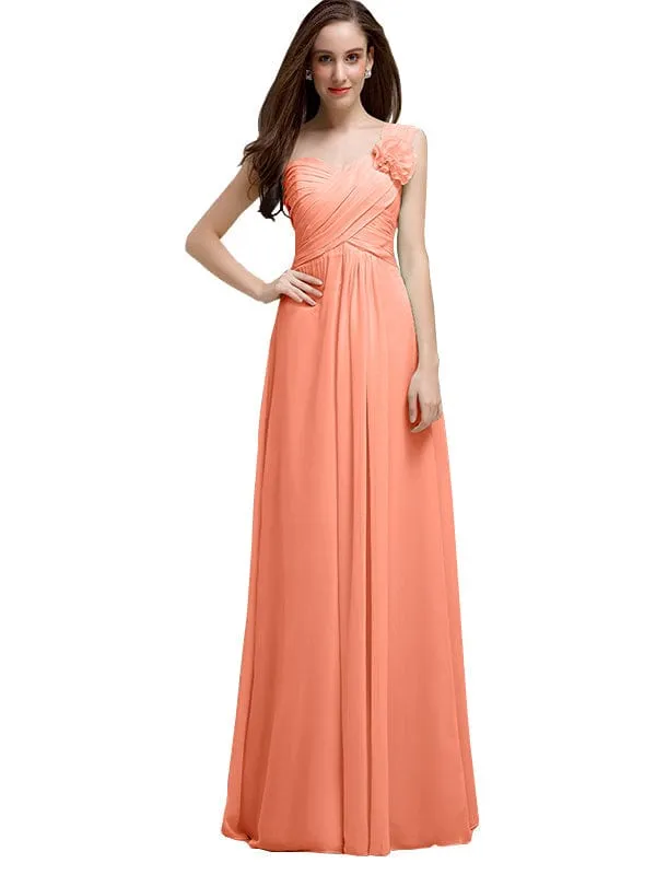 Elegant A-line One-Shoulder With Flowers Floor-Length Chiffon Long Bridesmaid Dresses
