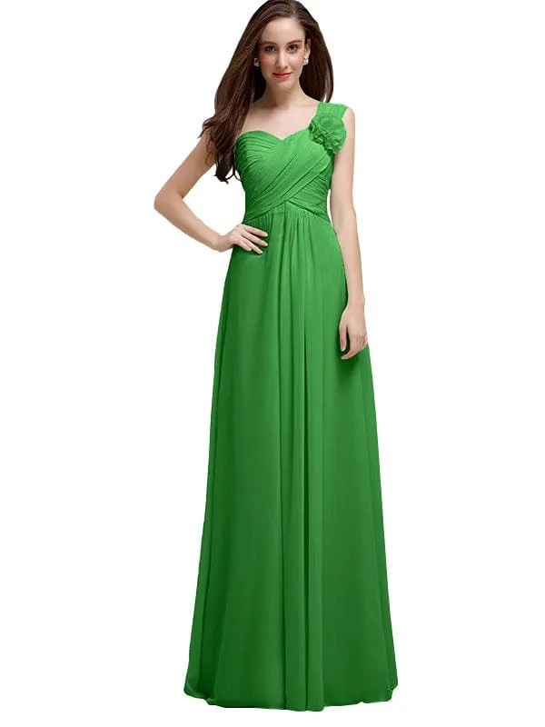 Elegant A-line One-Shoulder With Flowers Floor-Length Chiffon Long Bridesmaid Dresses