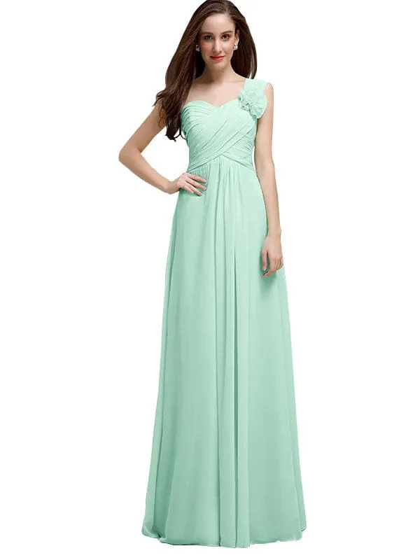 Elegant A-line One-Shoulder With Flowers Floor-Length Chiffon Long Bridesmaid Dresses