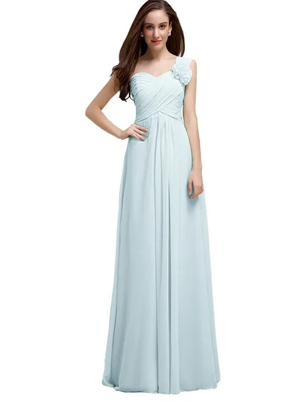 Elegant A-line One-Shoulder With Flowers Floor-Length Chiffon Long Bridesmaid Dresses