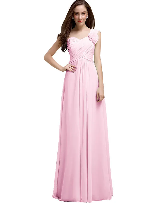 Elegant A-line One-Shoulder With Flowers Floor-Length Chiffon Long Bridesmaid Dresses