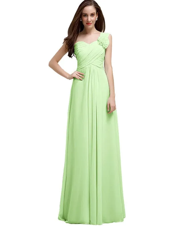 Elegant A-line One-Shoulder With Flowers Floor-Length Chiffon Long Bridesmaid Dresses