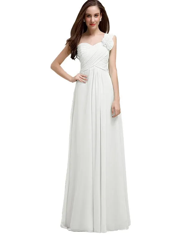 Elegant A-line One-Shoulder With Flowers Floor-Length Chiffon Long Bridesmaid Dresses