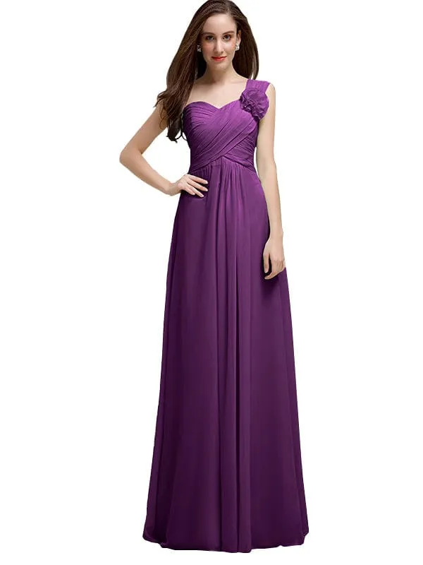 Elegant A-line One-Shoulder With Flowers Floor-Length Chiffon Long Bridesmaid Dresses