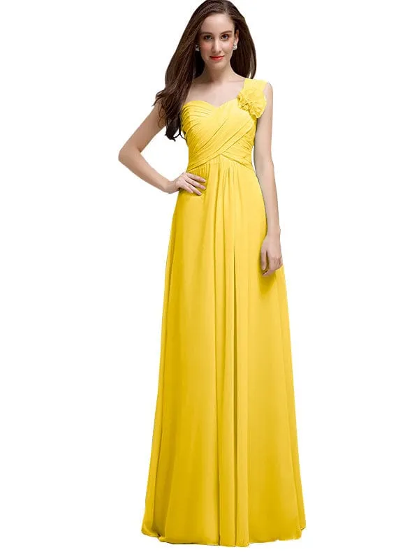 Elegant A-line One-Shoulder With Flowers Floor-Length Chiffon Long Bridesmaid Dresses