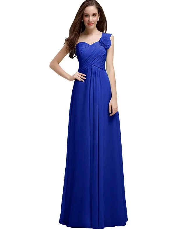 Elegant A-line One-Shoulder With Flowers Floor-Length Chiffon Long Bridesmaid Dresses