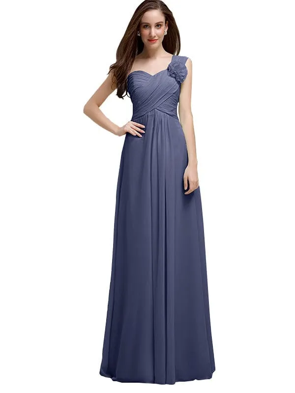 Elegant A-line One-Shoulder With Flowers Floor-Length Chiffon Long Bridesmaid Dresses