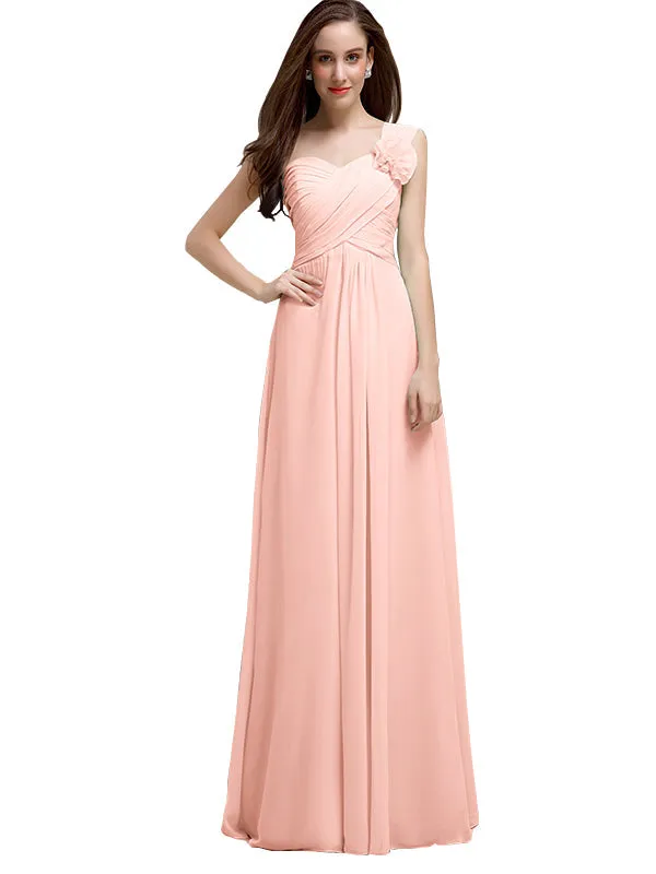 Elegant A-line One-Shoulder With Flowers Floor-Length Chiffon Long Bridesmaid Dresses