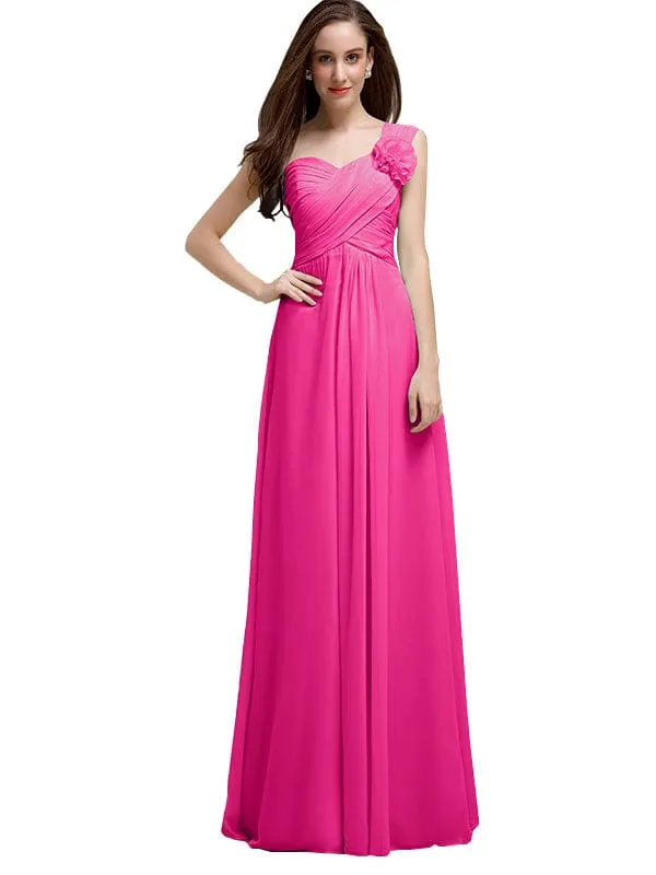 Elegant A-line One-Shoulder With Flowers Floor-Length Chiffon Long Bridesmaid Dresses
