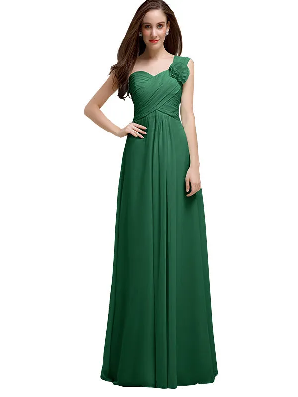 Elegant A-line One-Shoulder With Flowers Floor-Length Chiffon Long Bridesmaid Dresses