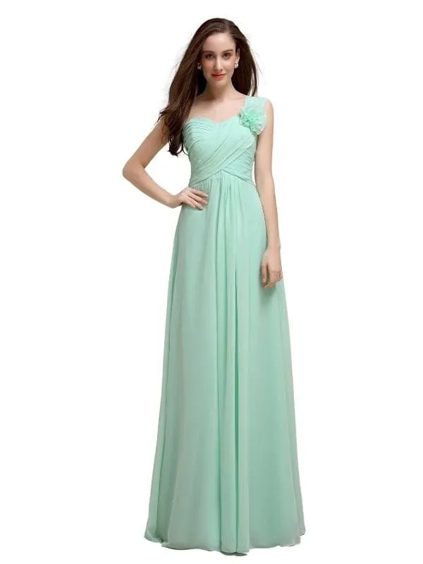 Elegant A-line One-Shoulder With Flowers Floor-Length Chiffon Long Bridesmaid Dresses