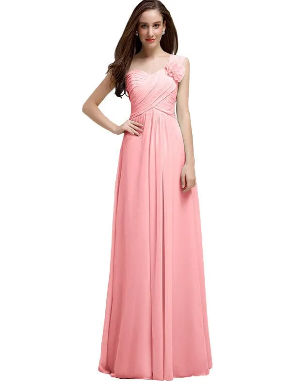 Elegant A-line One-Shoulder With Flowers Floor-Length Chiffon Long Bridesmaid Dresses