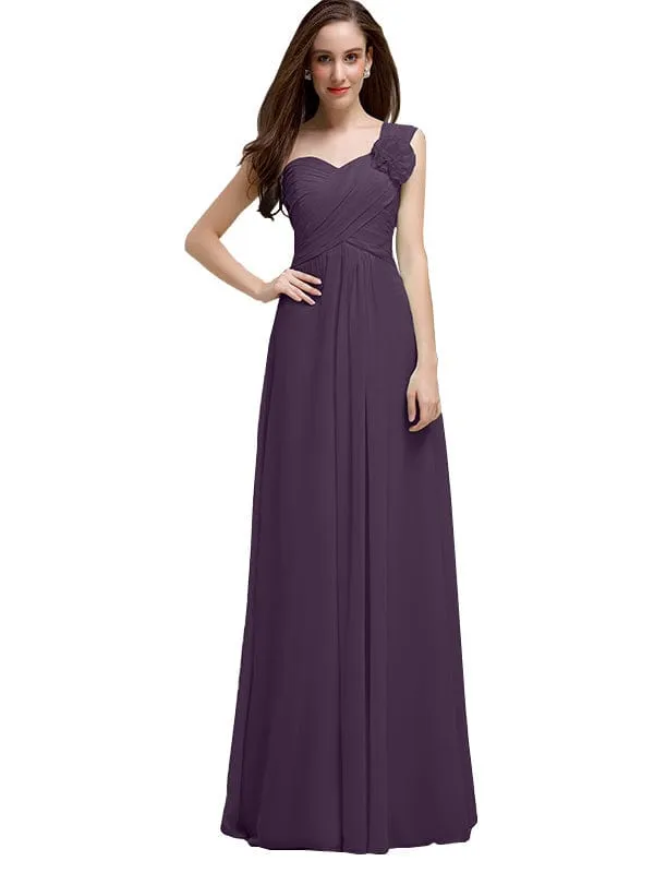 Elegant A-line One-Shoulder With Flowers Floor-Length Chiffon Long Bridesmaid Dresses
