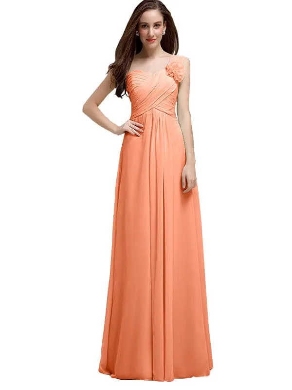 Elegant A-line One-Shoulder With Flowers Floor-Length Chiffon Long Bridesmaid Dresses