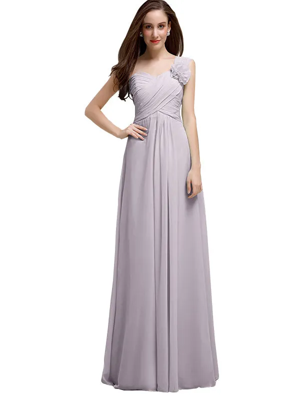 Elegant A-line One-Shoulder With Flowers Floor-Length Chiffon Long Bridesmaid Dresses