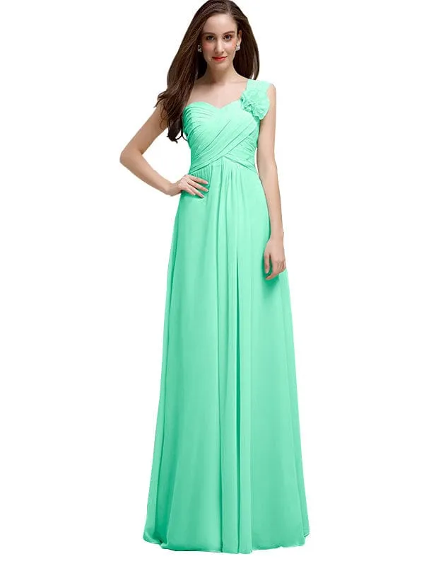 Elegant A-line One-Shoulder With Flowers Floor-Length Chiffon Long Bridesmaid Dresses
