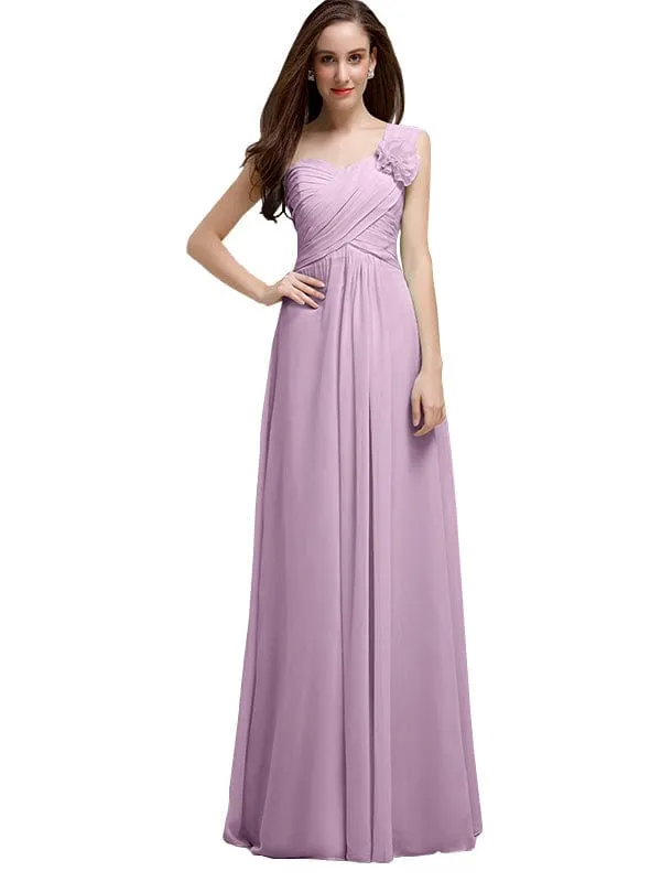 Elegant A-line One-Shoulder With Flowers Floor-Length Chiffon Long Bridesmaid Dresses