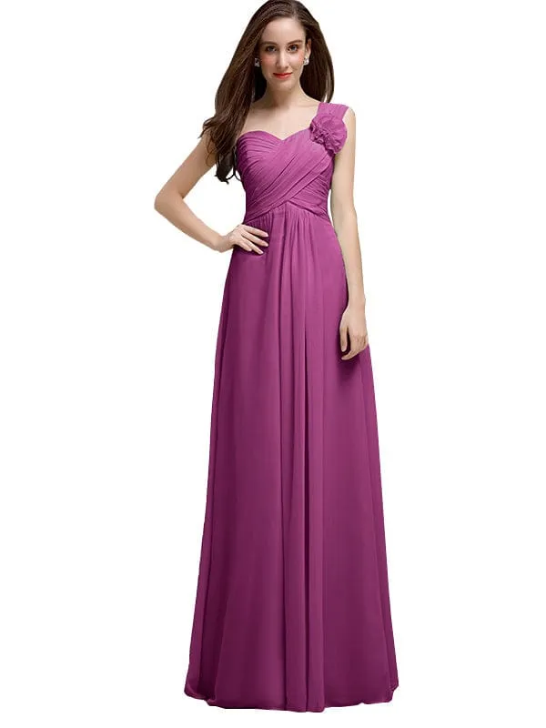 Elegant A-line One-Shoulder With Flowers Floor-Length Chiffon Long Bridesmaid Dresses