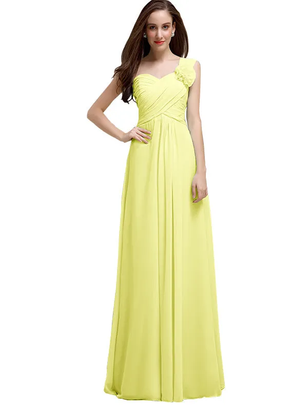 Elegant A-line One-Shoulder With Flowers Floor-Length Chiffon Long Bridesmaid Dresses