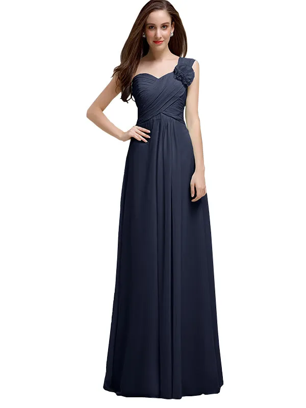 Elegant A-line One-Shoulder With Flowers Floor-Length Chiffon Long Bridesmaid Dresses