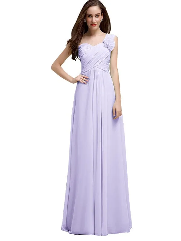 Elegant A-line One-Shoulder With Flowers Floor-Length Chiffon Long Bridesmaid Dresses