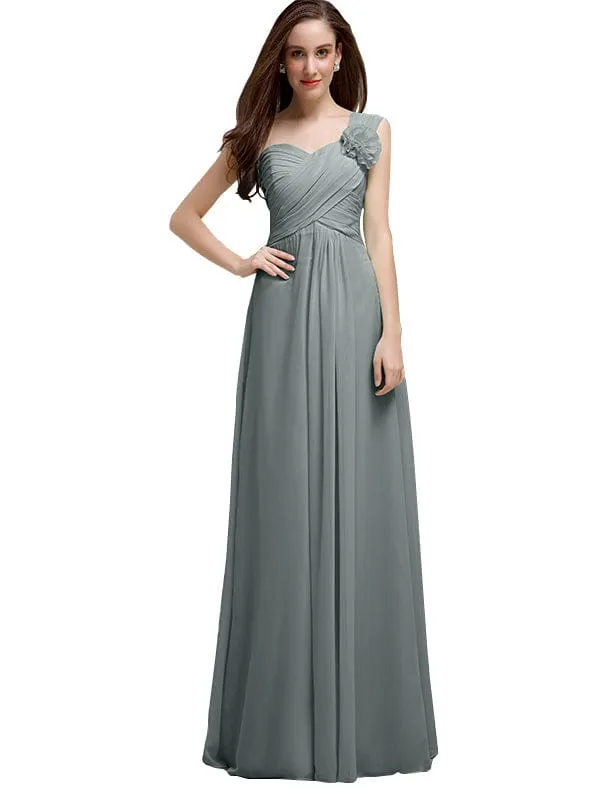 Elegant A-line One-Shoulder With Flowers Floor-Length Chiffon Long Bridesmaid Dresses