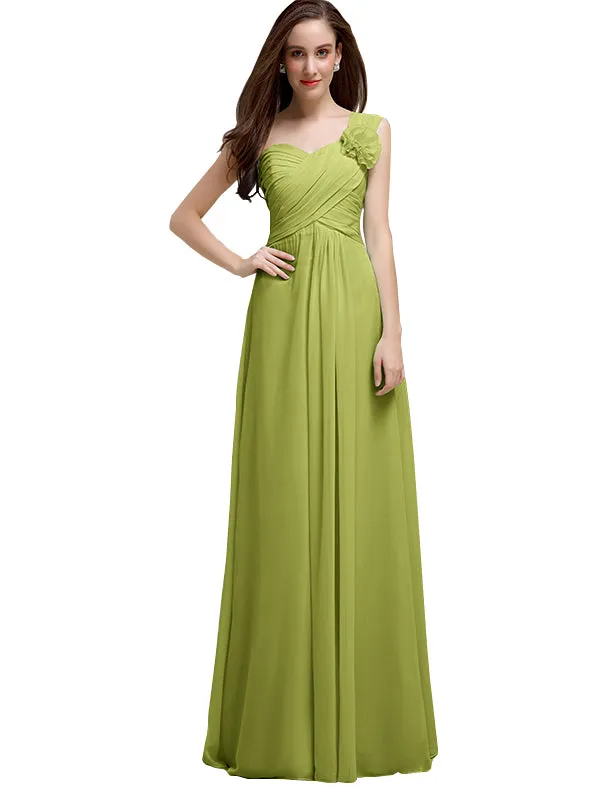 Elegant A-line One-Shoulder With Flowers Floor-Length Chiffon Long Bridesmaid Dresses