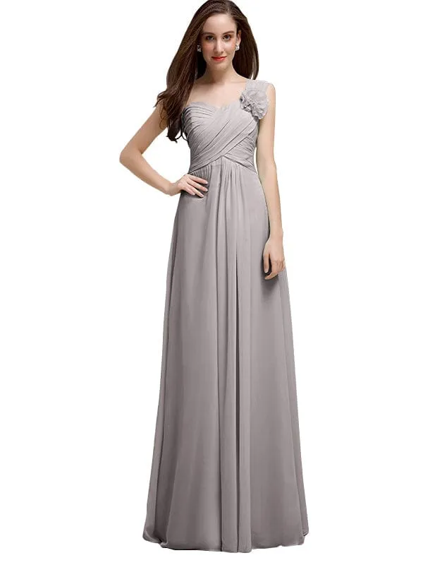 Elegant A-line One-Shoulder With Flowers Floor-Length Chiffon Long Bridesmaid Dresses