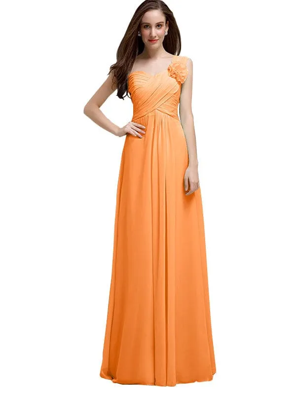Elegant A-line One-Shoulder With Flowers Floor-Length Chiffon Long Bridesmaid Dresses