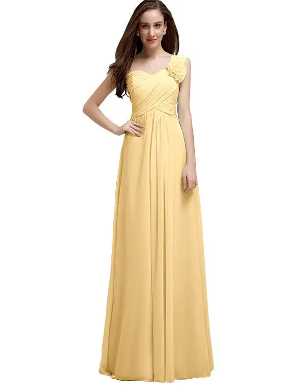 Elegant A-line One-Shoulder With Flowers Floor-Length Chiffon Long Bridesmaid Dresses